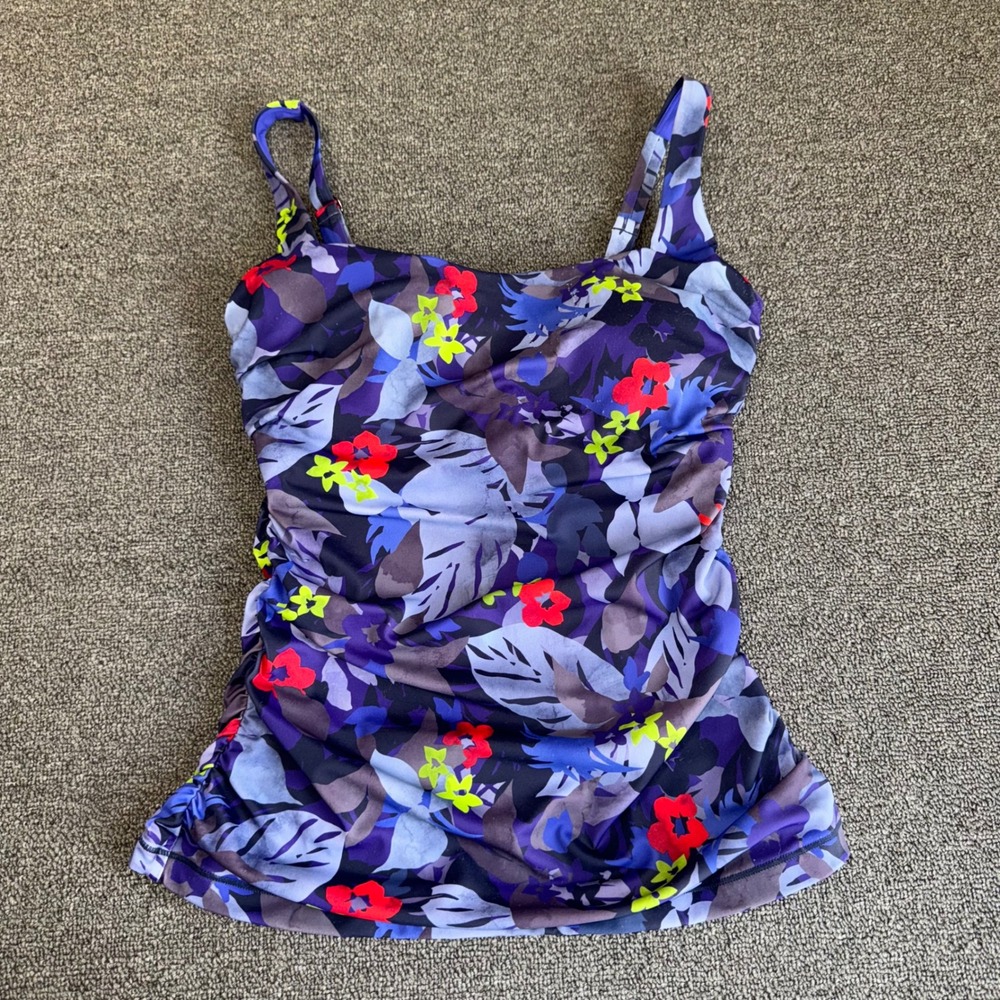 Athleta Floral Ruched Tankini‎ Top Purple Tropical Swimwear 34D/DD Gorpcore